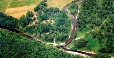Aerial view of the Genesee River ox-bow and wooded island at Riverside Park Campground